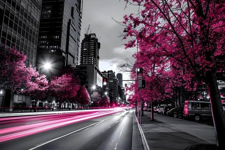 Vibrant Pink Trees Line City Street at Night with Light Trails