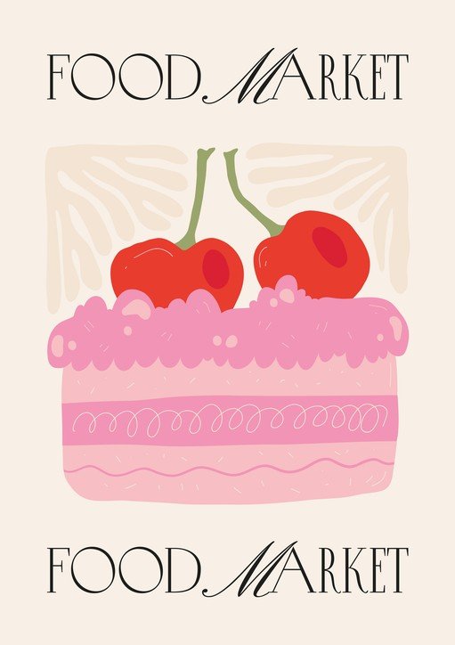 Food Market Poster with Cherries and Pink Cake