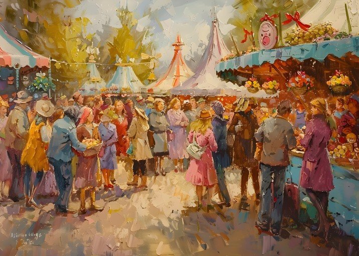 Impressionist Painting of a Bustling Outdoor Market Scene