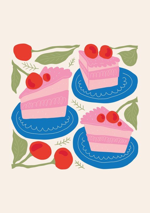 Pink Cherry Cakes and Leaves Illustration