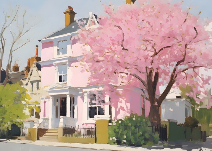 Pink House with Cherry Blossoms in Spring