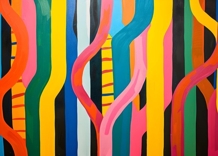 Abstract Colorful Vertical Stripes and Swirls Painting