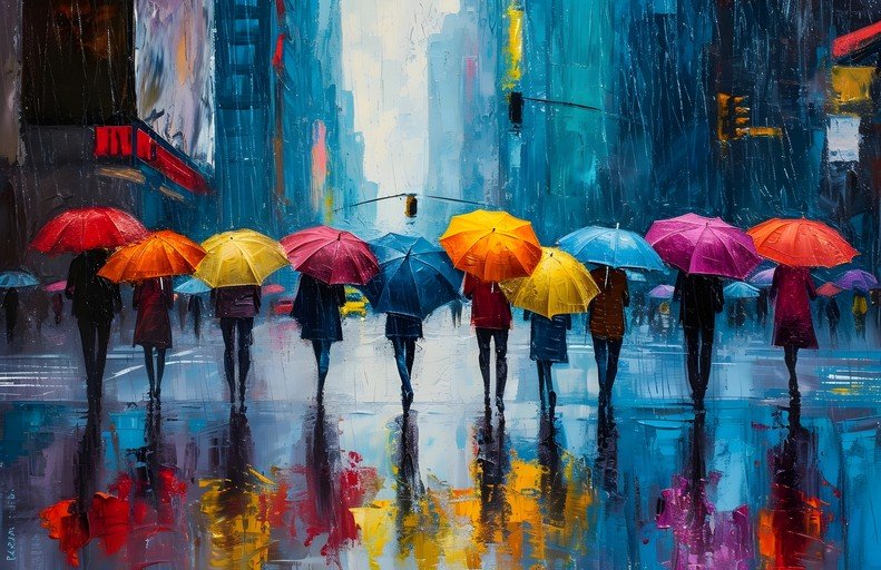 City Rain Scene with Colorful Umbrellas