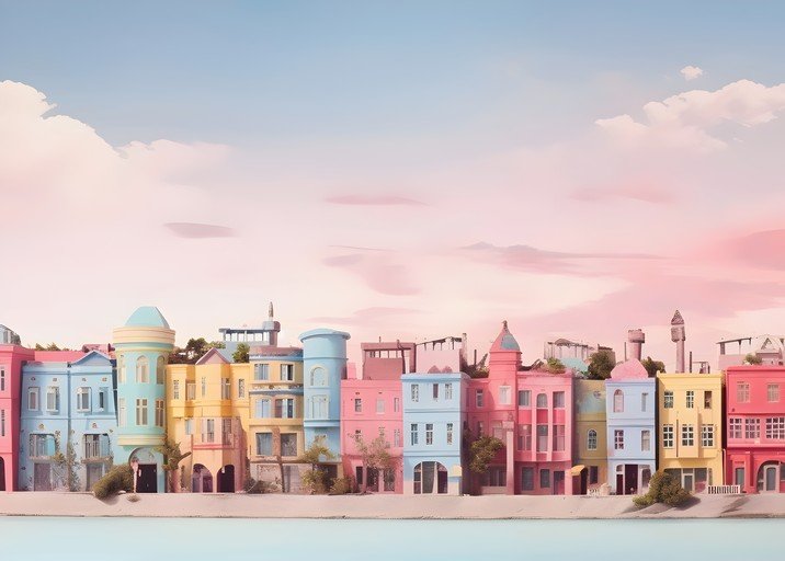 Pastel Coastal Town with Pink and Blue Sky