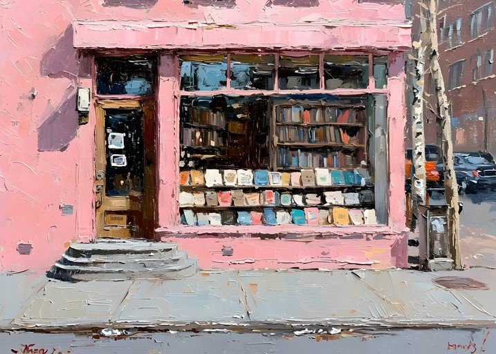Charming Pink Bookstore Facade Painting