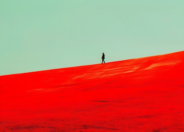 Lone Figure Ascends Vibrant Red Dune Under Pale Sky