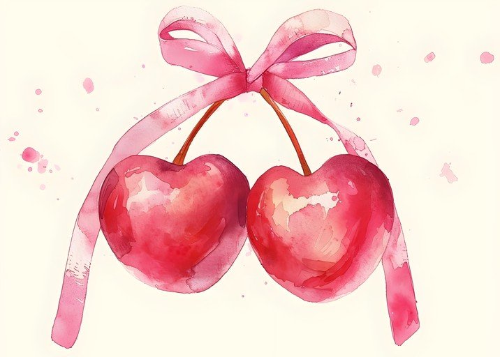 Watercolor Cherries with Pink Ribbon