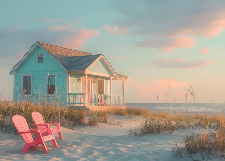 Serene Beach House with Pink Adirondack Chairs at Sunset