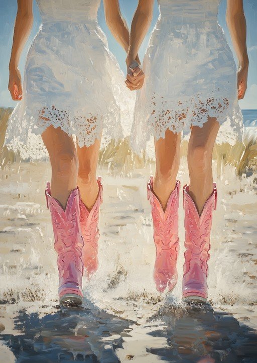 Two Women in White Dresses and Pink Boots on a Beach
