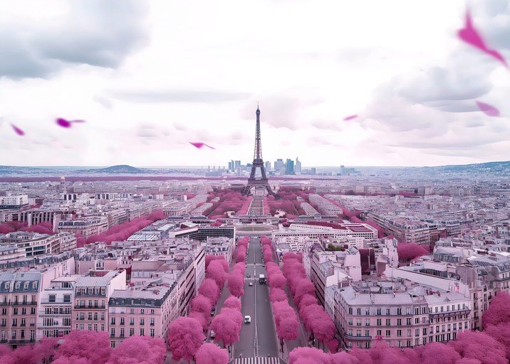 Eiffel Tower Paris Pink Trees Aerial View
