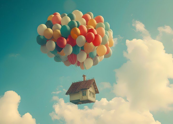 House Floats to Sky with Colorful Balloons