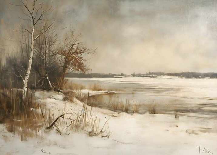 Winter Landscape Painting of a Frozen Lake and Bare Trees
