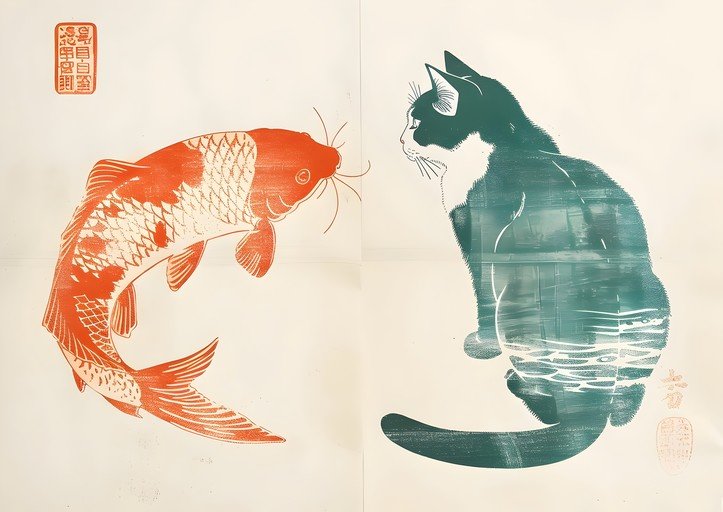 Koi Fish and Cat Duo in Japanese Woodblock Style