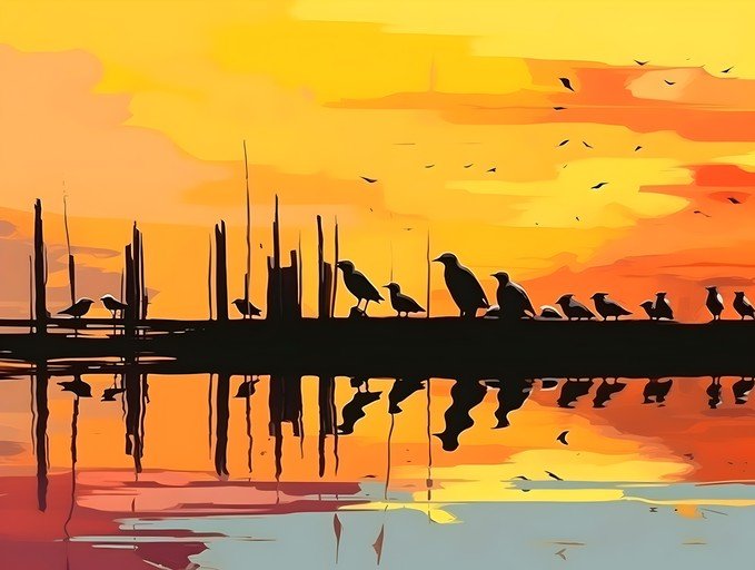 Silhouettes of Birds on a Pier at Sunset