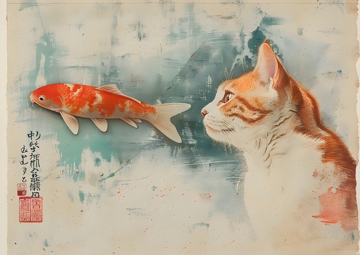 Cat and Koi Fish in Japanese Art Style