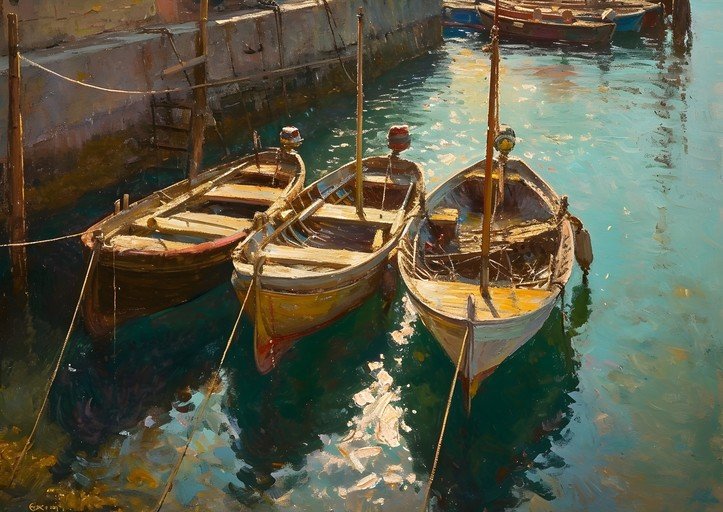 Impressionist Painting of Boats Moored in a Harbor