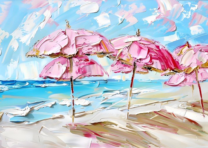 Impressionist Beach Scene with Pink Umbrellas