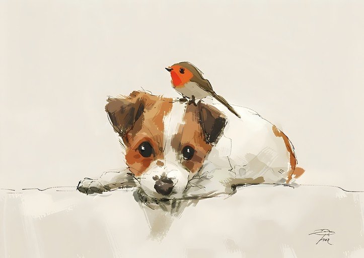 Dog and Robin Friendship Illustration