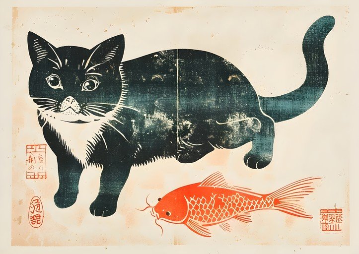 Japanese Woodblock Print of Black Cat and Koi Fish