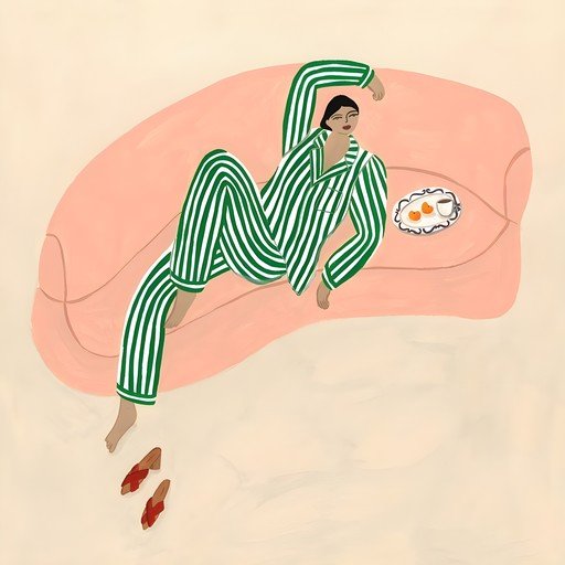 Woman in Pajamas Relaxing on Sofa with Breakfast