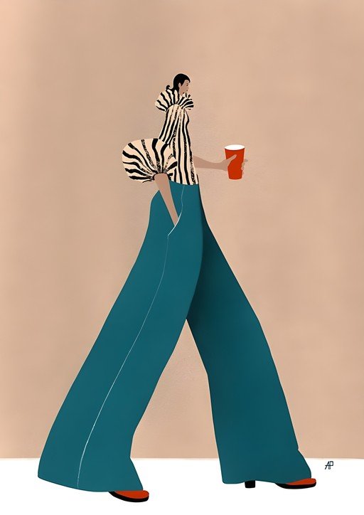 Woman in Zebra Print Top and Wide-Leg Pants Holding Coffee