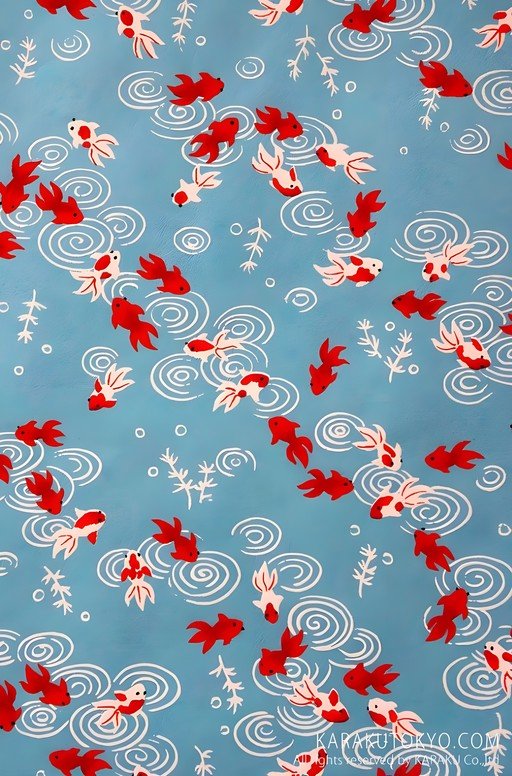 Red and White Goldfish Pattern on Blue Background