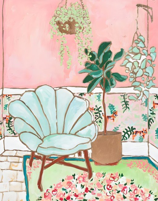 Whimsical Interior Scene with Seashell Chair and Tropical Plants