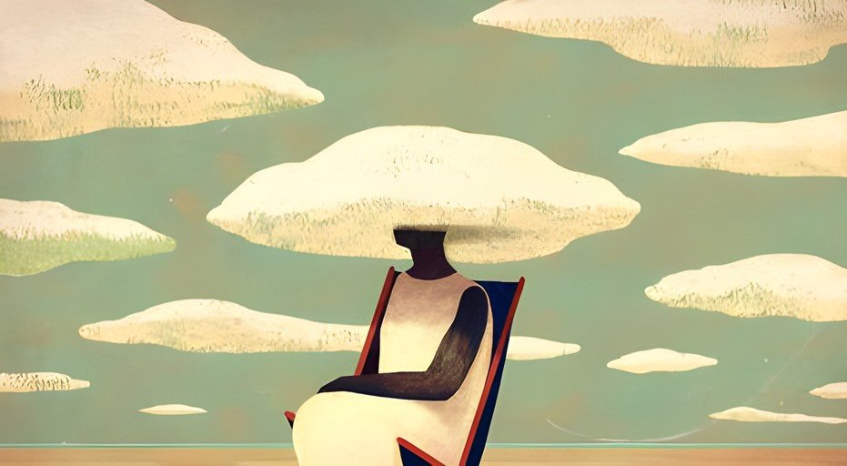 Surreal Scene of Person in Chair Under Cloud Hat