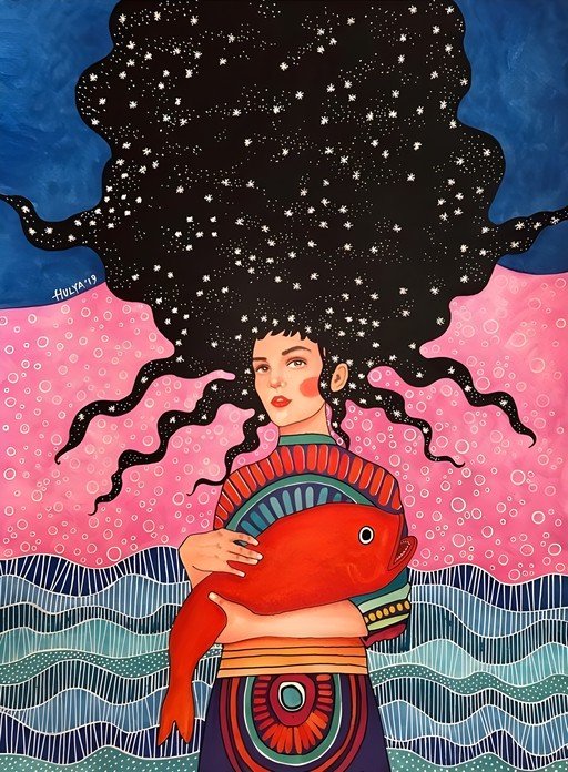 Woman with Starry Hair Holding a Red Fish