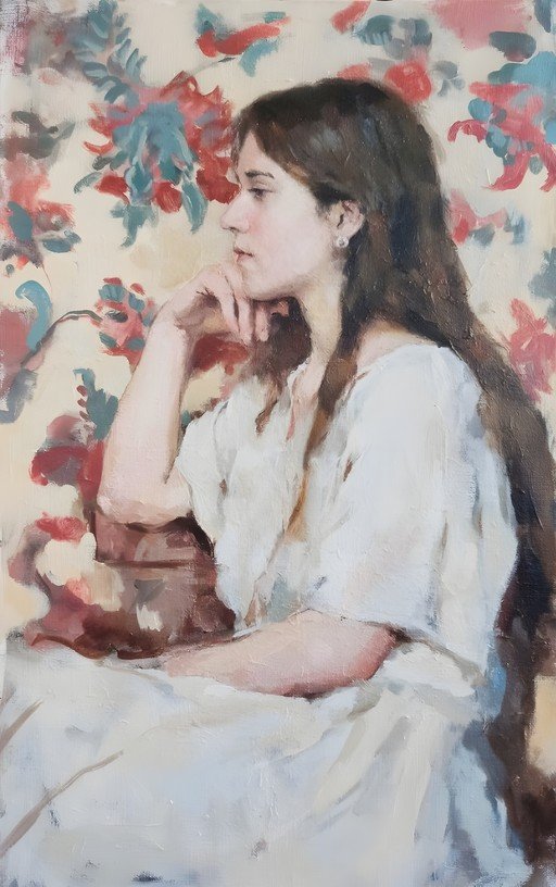 Oil Painting of a Woman in Profile with Floral Background