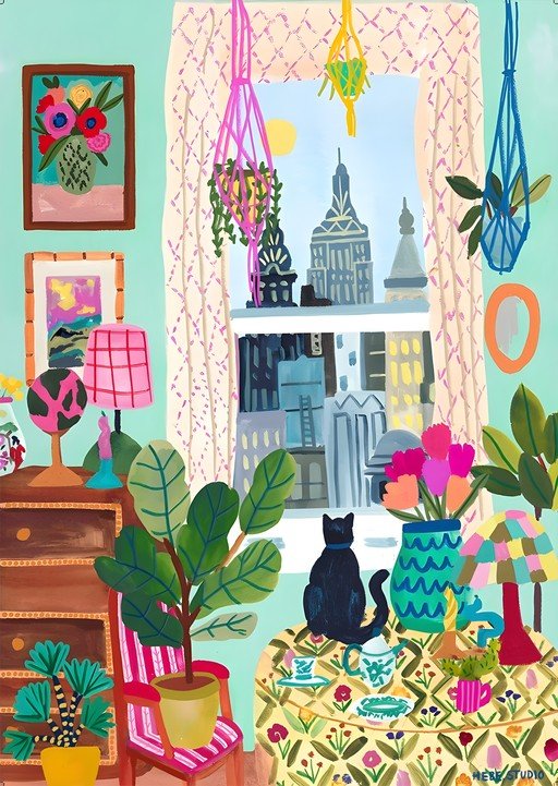 Cozy Apartment View with Black Cat and Cityscape