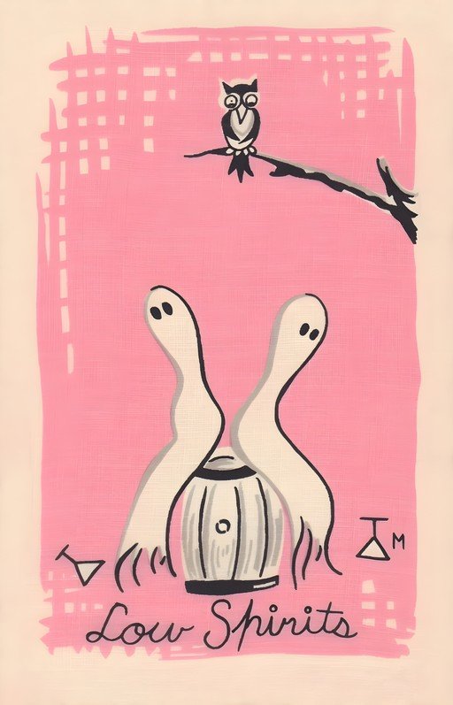 Whimsical Halloween Art: Owl and Ghosts with "Low Spirits"
