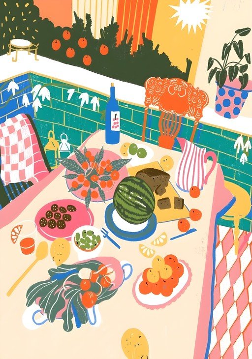 Vibrant Summer Picnic Scene with Food and Fruit