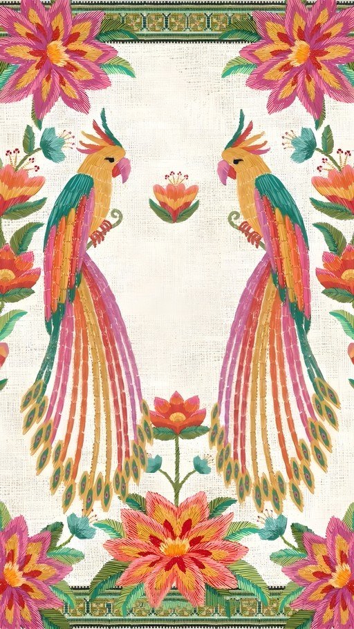 Vibrant Embroidered Parrots and Flowers