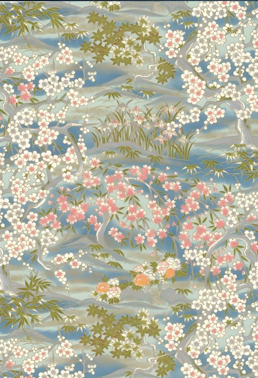 Japanese Cherry Blossom and Bamboo Landscape Pattern