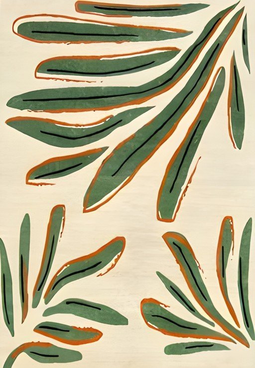 Abstract Green Leaf Art with Orange and Black Accents