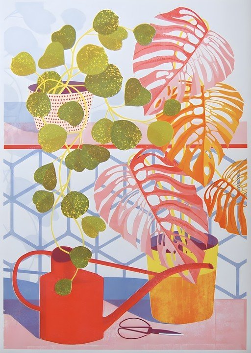 Vibrant Still Life with Houseplants and Watering Can
