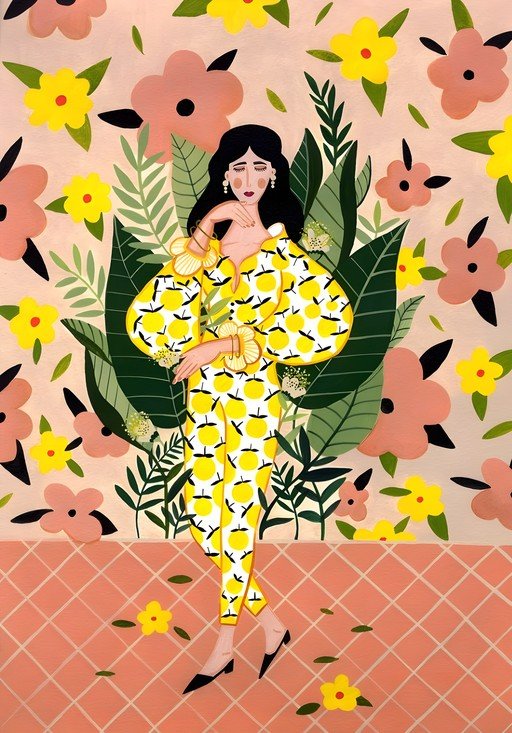 Woman in Lemon Print Jumpsuit Amidst Floral Background