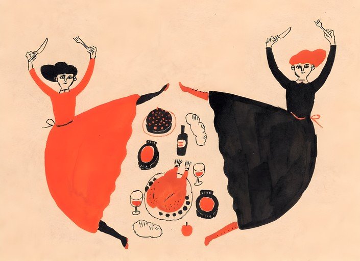 Joyful Celebration: Two Women Dance Around a Feast