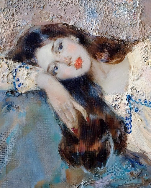 Impressionist Portrait of a Woman with Long Brown Hair