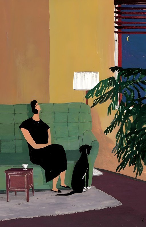 Woman and Dog Watch Night Sky from Cozy Living Room