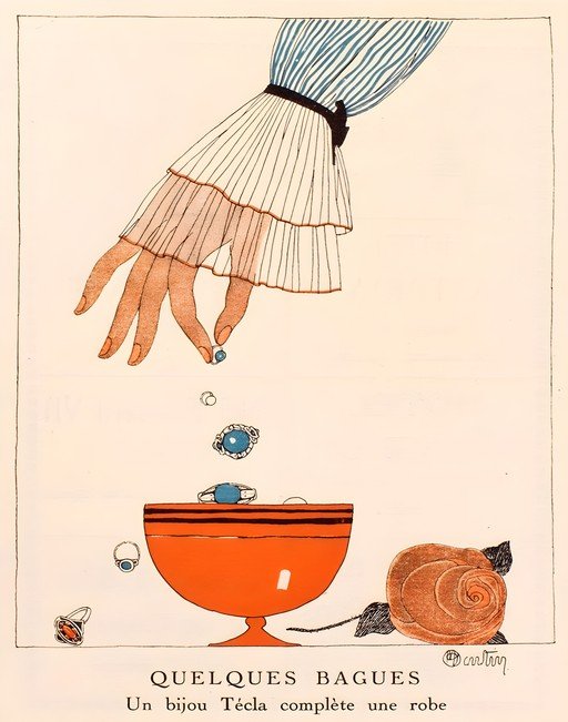 Art Deco Illustration of Hand Dropping Rings into a Bowl