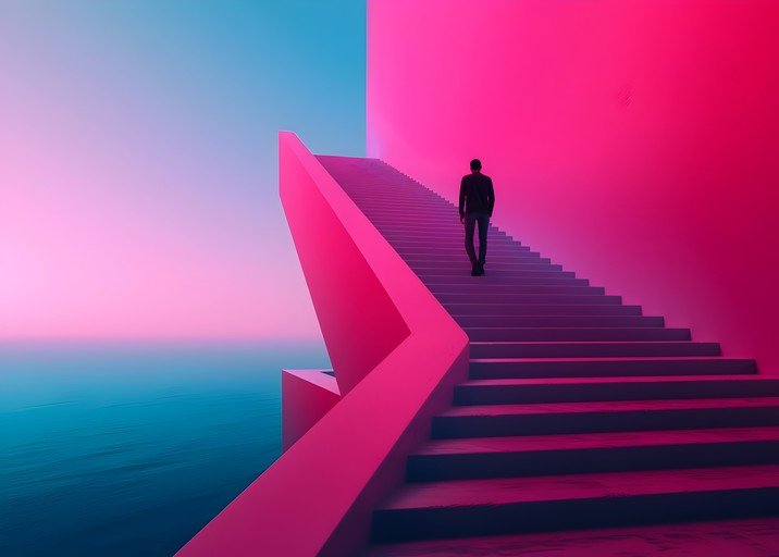 Man Ascends Neon Pink Staircase Overlooking Ocean