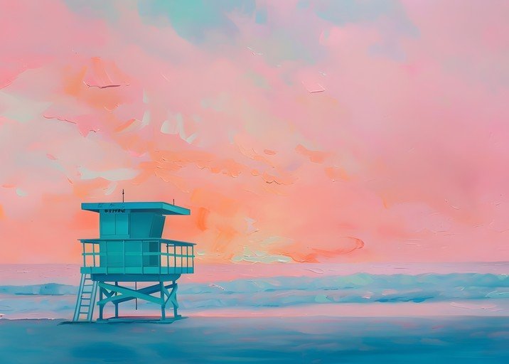 Turquoise Lifeguard Tower at Sunset