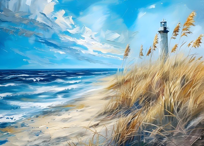Lighthouse on a Sandy Beach with Ocean and Sky