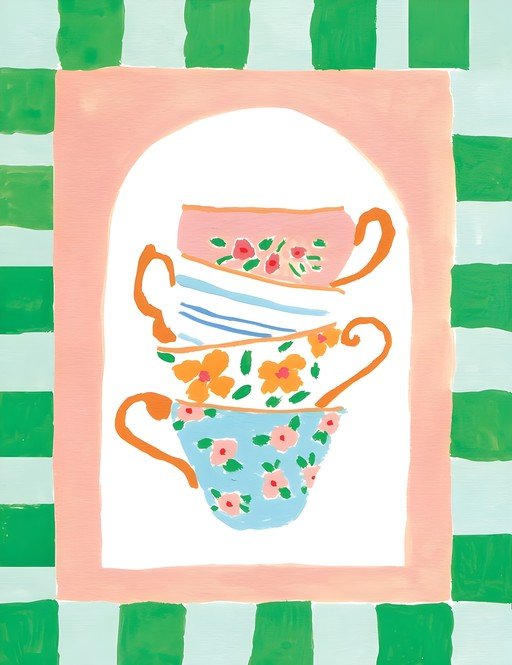 Stack of Floral Teacups in Archway