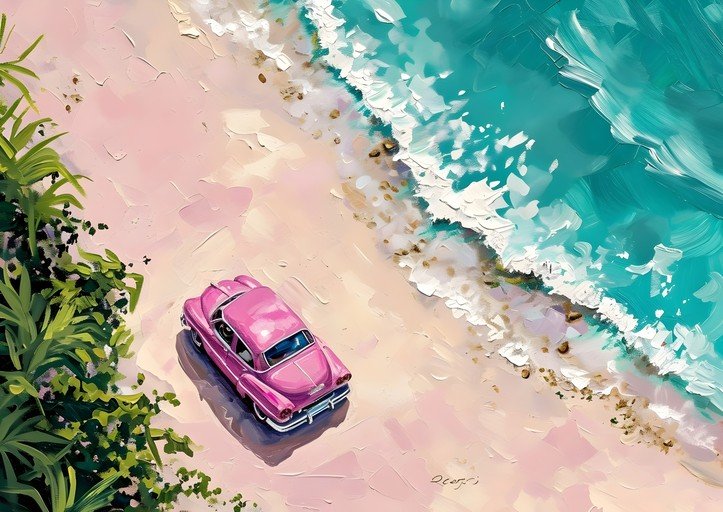 Pink Vintage Car on a Tropical Beach
