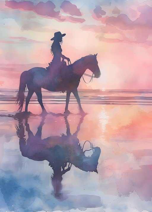 Cowgirl Silhouette Riding Horse at Sunset Beach