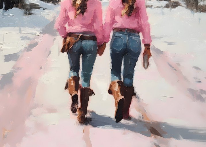 Two Women in Pink Jackets Walking in Snow