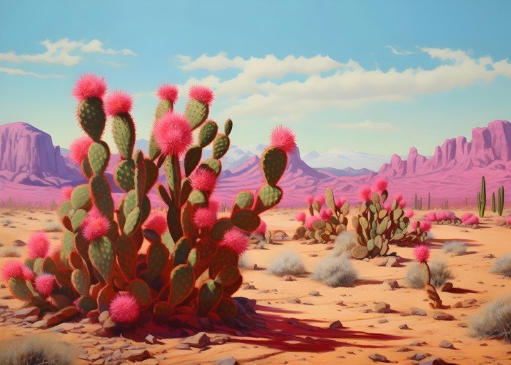 Vibrant Desert Landscape with Pink Blooming Cacti
